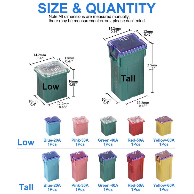Glarks 10Pcs Automotive Low and Tall/Standard Profile Box Shaped Fuse 20A 30A 40A 50A 60A Fuse Assortment Kit for Ford, Chevy/GM, Nissan, and Toyota Pickup Trucks, Cars and SUVs - Image 2